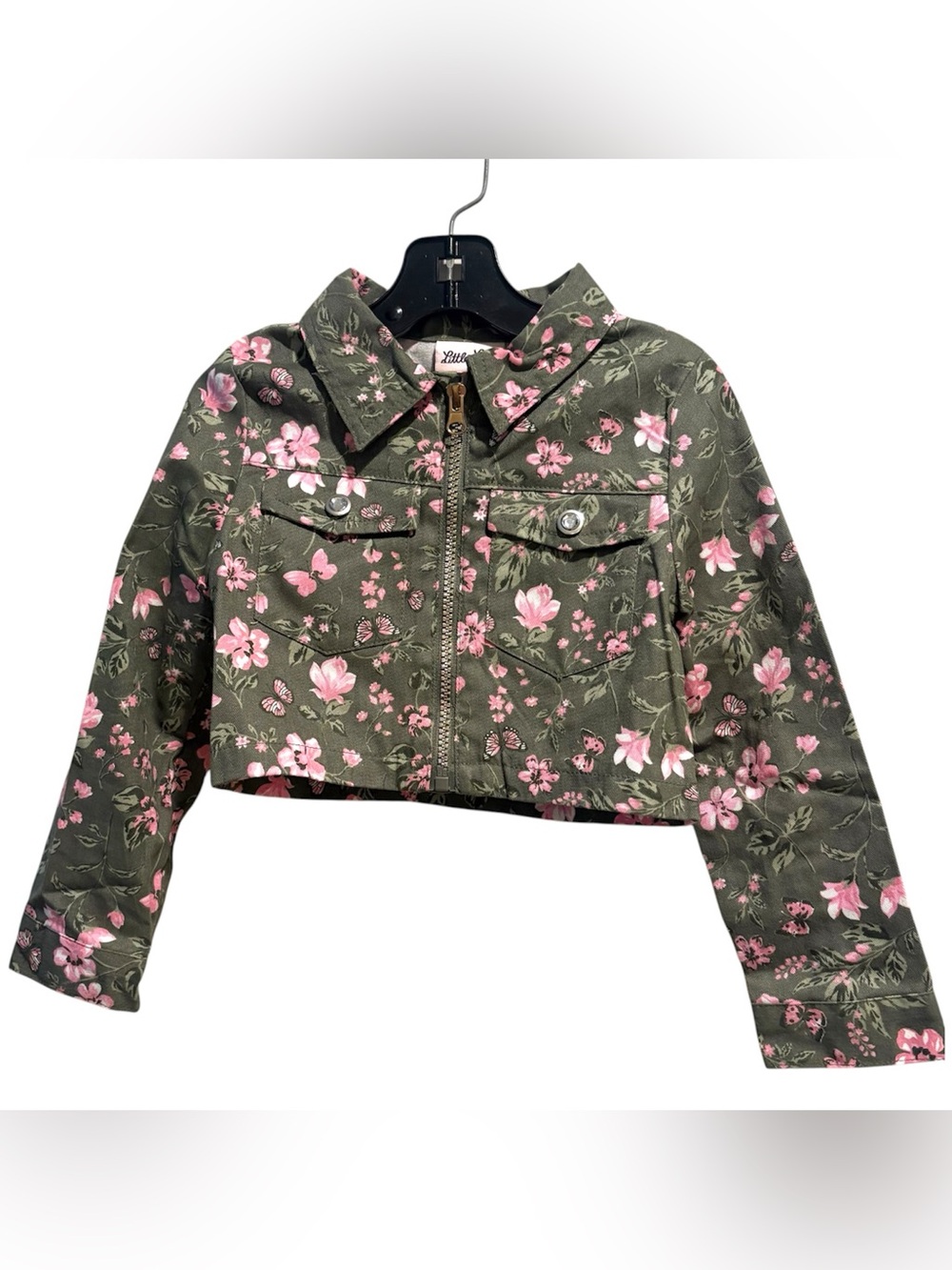 Little Lass Floral Jacket Olive Army Green Girl’s 5 Rhinestone Buttons Boho